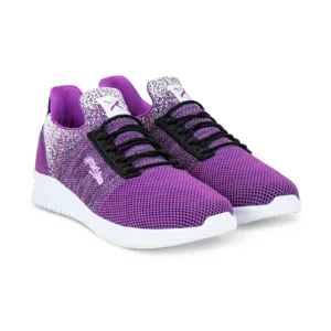Purple and white athletic sneakers with black laces.