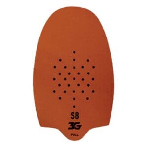 Orange swim kickboard with holes and logo.