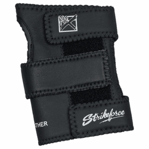 Black leather wrist support with velcro straps and Strikerbee branding.