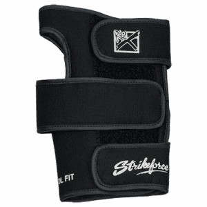 Black wrist support brace with adjustable straps for sports or injury recovery.