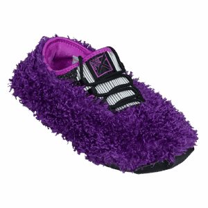 A fuzzy purple slipper with black and white details.