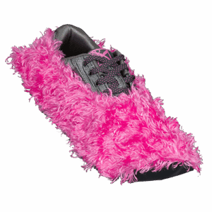 A gray sneaker covered in bright pink fluffy material.