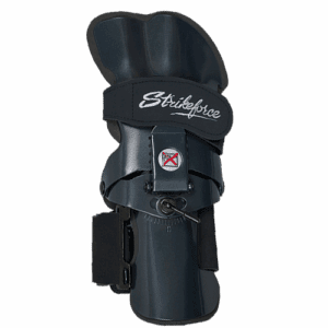 Black protective knee pad with straps and a branding label.