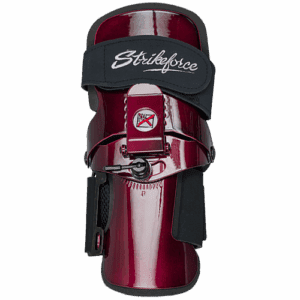 Shiny red shin guard with black straps and logo.