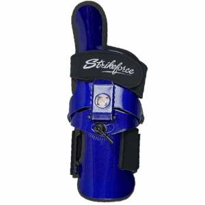 Blue shin guard with black straps and logo.