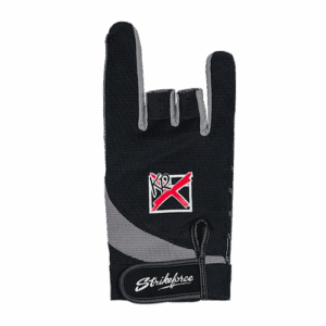 Black fingerless glove with a rock hand gesture design.