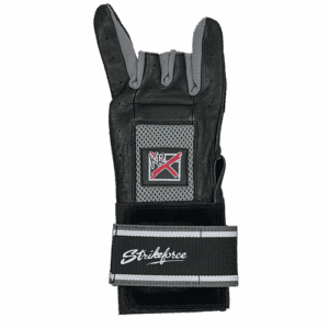 Black sports glove with wrist strap and logo.