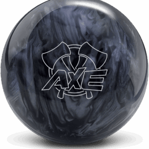 Black and gray marbled bowling ball with AXE logo.