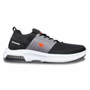 Black and gray sports shoe with white sole and air cushion.