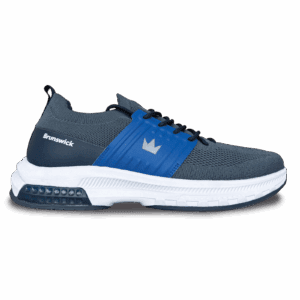 Blue and gray athletic sneaker with white sole and air cushion.