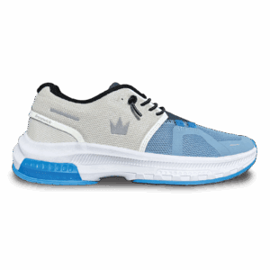 A stylish sneaker with blue and gray tones and a crown logo.