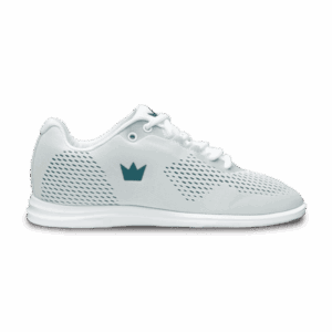 White sneaker with a light blue crown logo on the side.