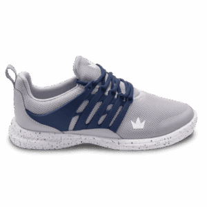 Stylish gray and navy athletic sneaker with white sole.