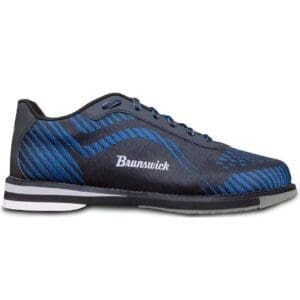 Blue and black striped bowling shoe with white sole.