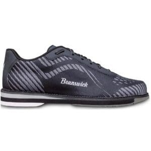 Black and white striped athletic shoe with 'Brunswick' logo.
