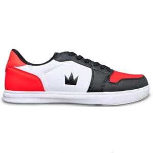 Stylish low-top sneaker with red, black, and white color blocking.