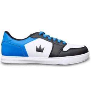 A stylish sneaker with blue, white, and black color blocks and a crown logo.