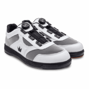 Pair of stylish white and black sneakers with unique fastening system.