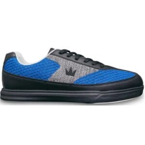 Blue and gray athletic shoe with black sole and laces.