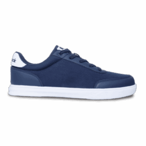 A sleek navy blue sneaker with white sole and accents.