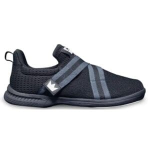 Black slip-on sneaker with gray straps and a textured sole.