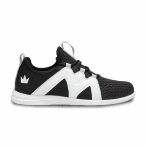 Black and white athletic sneaker with a crown logo on the heel.