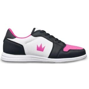 Low-top sneaker with black, white, and pink color accents.