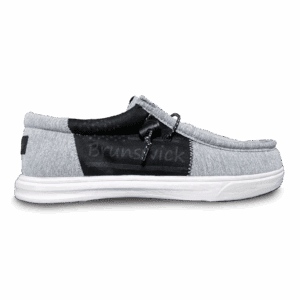 Casual slip-on sneaker with grey fabric and black accent.