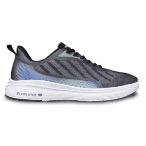 Modern black and blue running shoe with white sole.