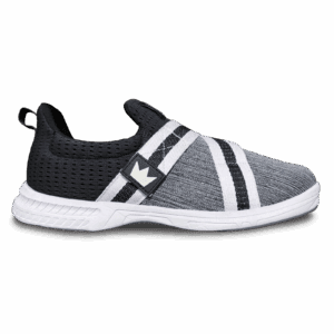 Black and gray athletic shoe with white sole and stripes.