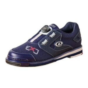 A single navy blue bowling shoe with red and white accents.