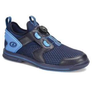 Sleek navy blue athletic shoe with mesh design and adjustable straps.