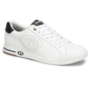 White casual sneaker with black accents and logo detail.
