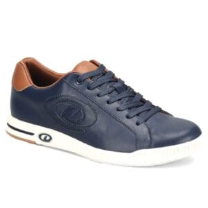 Navy blue casual sneaker with brown accents and white sole.