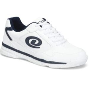 White sneaker with black details and a logo on the side.
