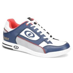 White and blue casual sneaker with red accents.