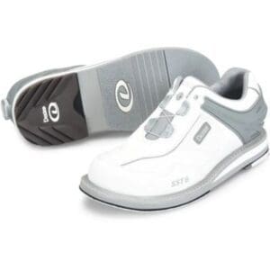 White and gray golf shoes with spikes on the sole.