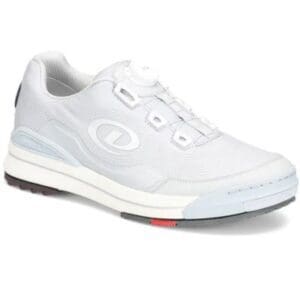 White athletic shoe with a clean design and subtle logo.