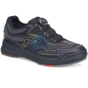 Black sneaker with a colorful wave pattern and unique lacing system.