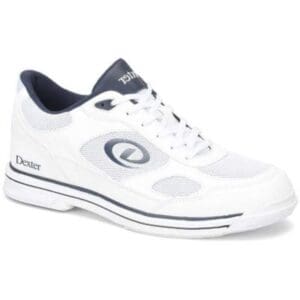 White athletic shoe with black and grey details.