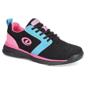 Black sneaker with pink and blue accents and a logo on the side.