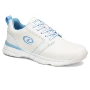 White and blue athletic sneaker with laces.