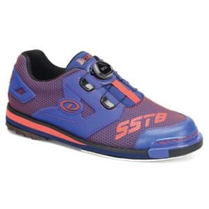 Blue and purple cycling shoe with red accents and dial closures.