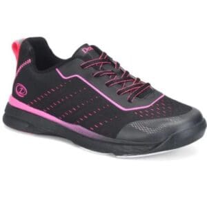 Black and pink athletic shoe with lace-up design.