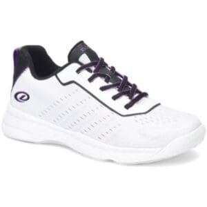 White athletic shoe with black accents and laces.