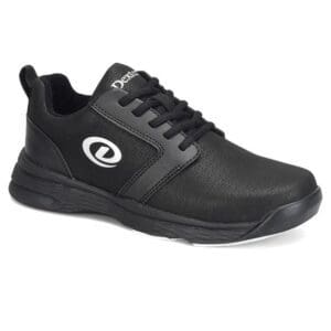 Black casual sneaker with a white logo and textured design.