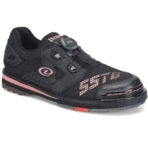 Black cycling shoe with red and gray accents and dial closures.
