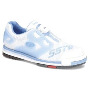 White and blue athletic shoe with a low profile design.