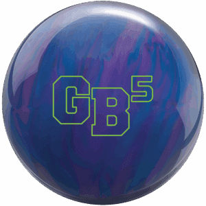 A blue and purple bowling ball with green lettering 'GB5'.