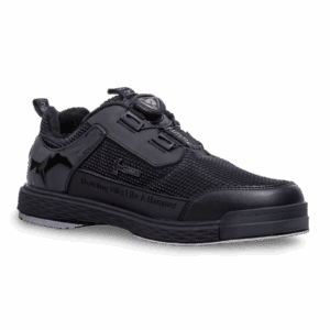Black sneaker with a sleek design and adjustable dial closure.